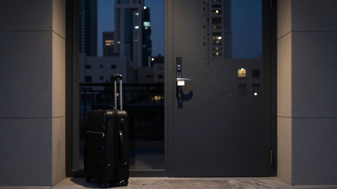 A discreet apartment entrance in Dubai at dusk with no branding or signs.