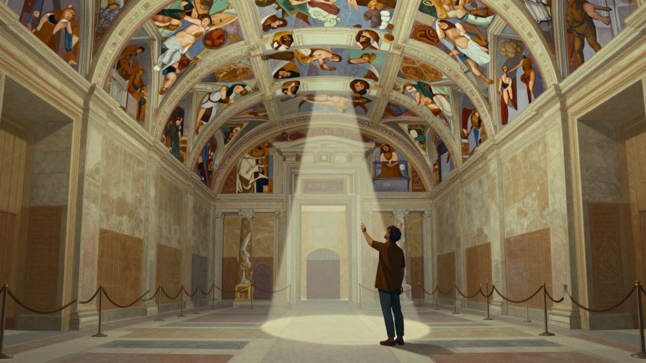 A lone visitor in the empty Sistine Chapel, captivated by the ceiling as a curator points out hidden details.