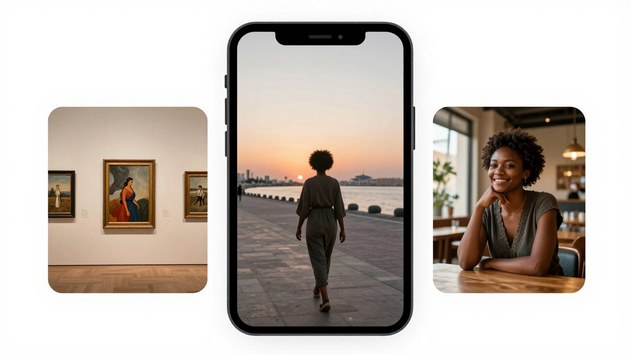 A woman of African descent in three natural, authentic settings around Dubai.