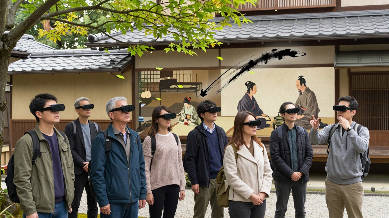 Travelers in Kyoto using AR glasses to see historical tea ceremonies overlaid on a modern tea house.